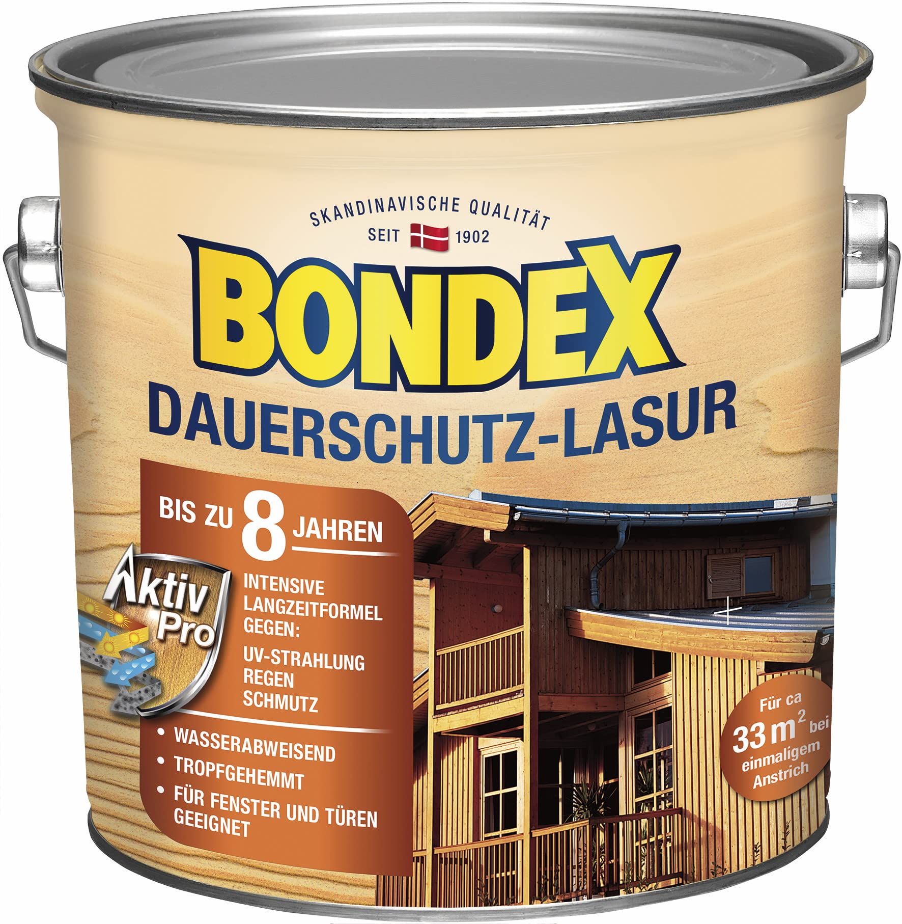 Bondex Dauerschutz Lasur Kiefer 2,5 L für 32 m² | Hoher Wetter- und UV-Schutz bis zu 8 Jahre | Tropfgehemmt | Natürliches Abwittern - kein Abplatzen | Dauerschutzlasur| Holzlasur