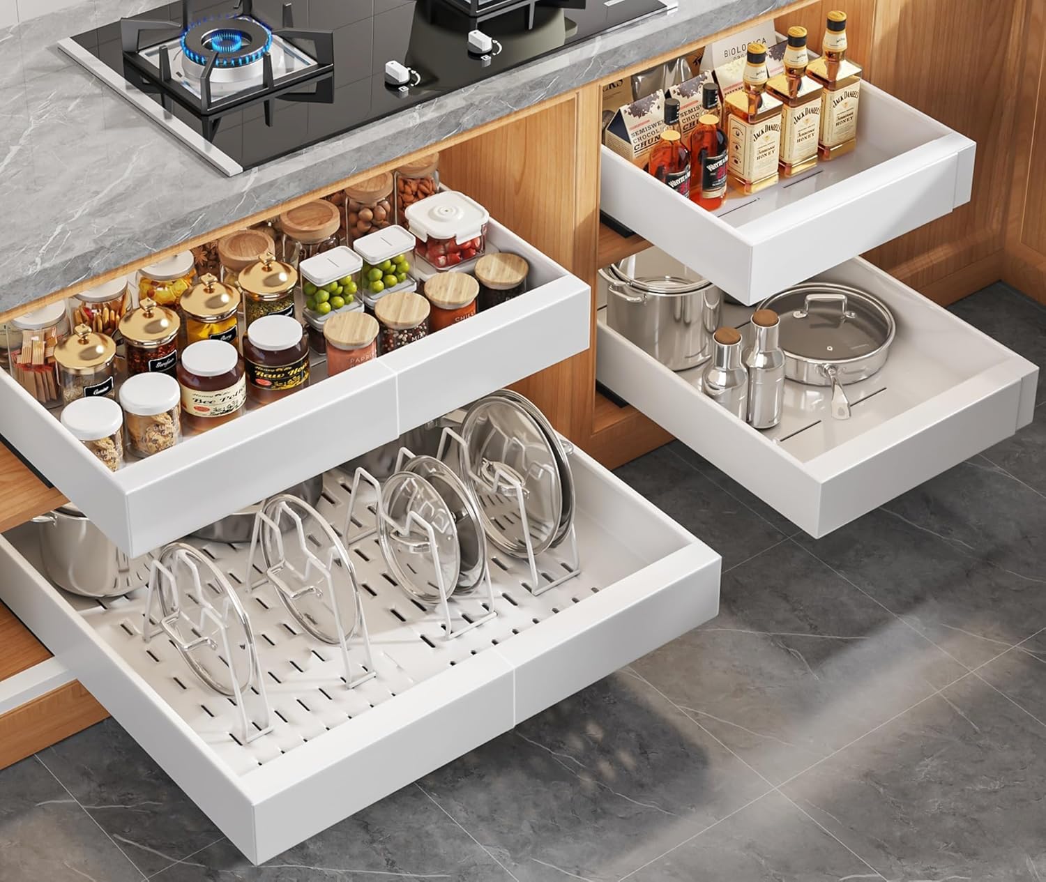 4Pack Expandable Pull Out Cabinet Organizer 21"Deep with Raising Pad for Framed Cabinets,Slide Out Drawers with 4pcs Divider Racks,Roll Out Shelves Adhesive,Adjustable Width 12.05"-20.4"White White 21"D x 12.05"-20.4"W(4Pack)