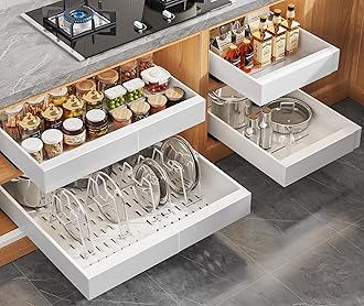 4Pack Expandable Pull Out Cabinet Organizer 21"Deep with Raising Pad for Framed Cabinets,Slide Out Drawers with 4pcs Divider Racks,Roll Out Shelves Adhesive,Adjustable Width 12.05"-20.4"White