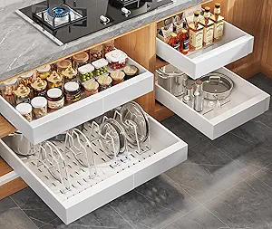4Pack Expandable Pull Out Cabinet Organizer 21"Deep with Raising Pad for Framed Cabinets,Slide Out Drawers with 4pcs Divider Racks,Roll Out Shelves Adhesive,Adjustable Width 12.05"-20.4"White