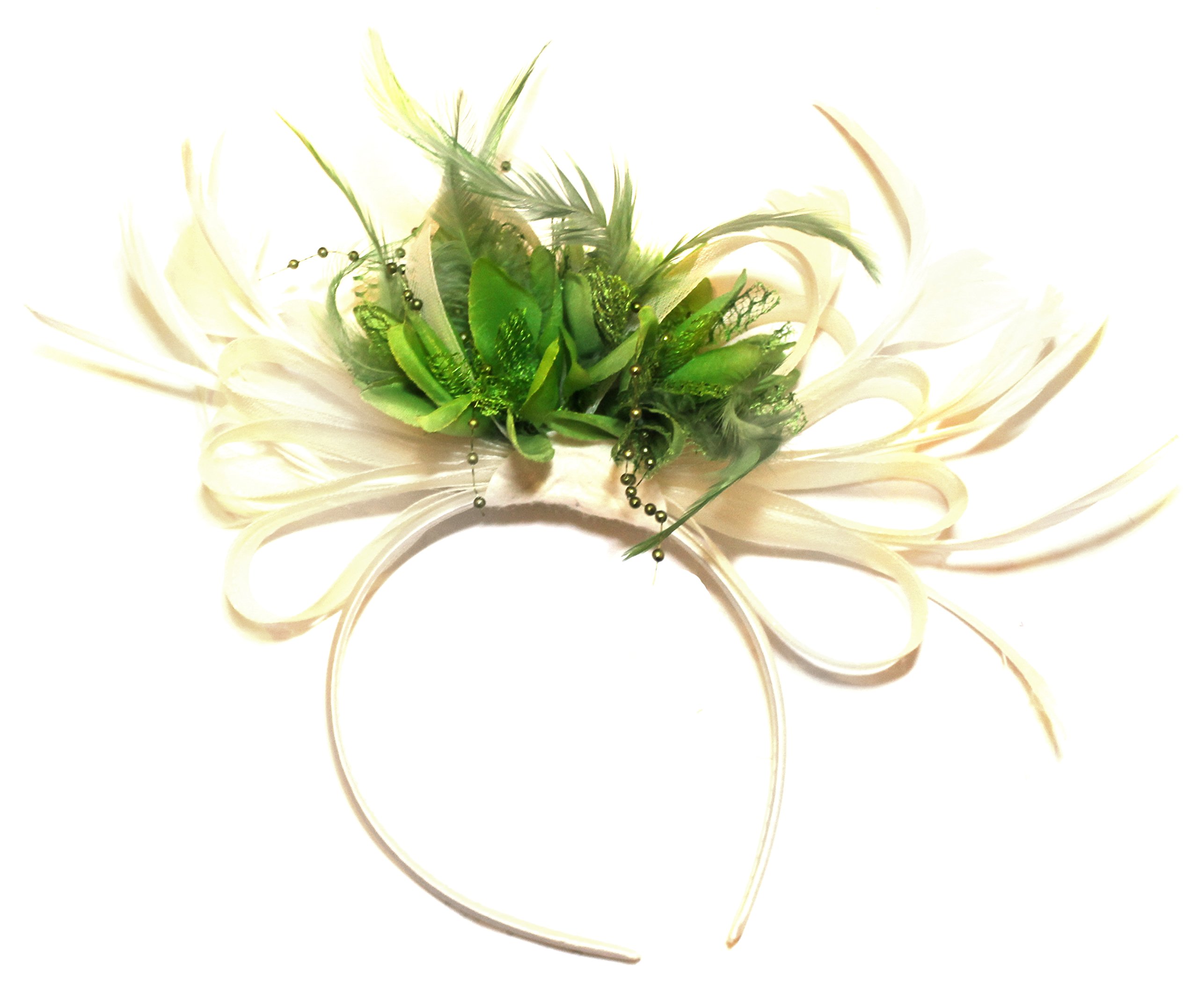 Ivory Fascinator with Olive Green & Ivory French Netting & Feathers Beige and Green Fascinator - Etsy main image 3