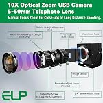 ELP 5-50mm 10X USB Zoom Camera 12mp Manual Zoom Webcam for Computer 1080P 120fps Variable Focus Lightburn Camera High Speed USB2.0 PC Cam Varifocal USB Security Webcamera for Video Conference