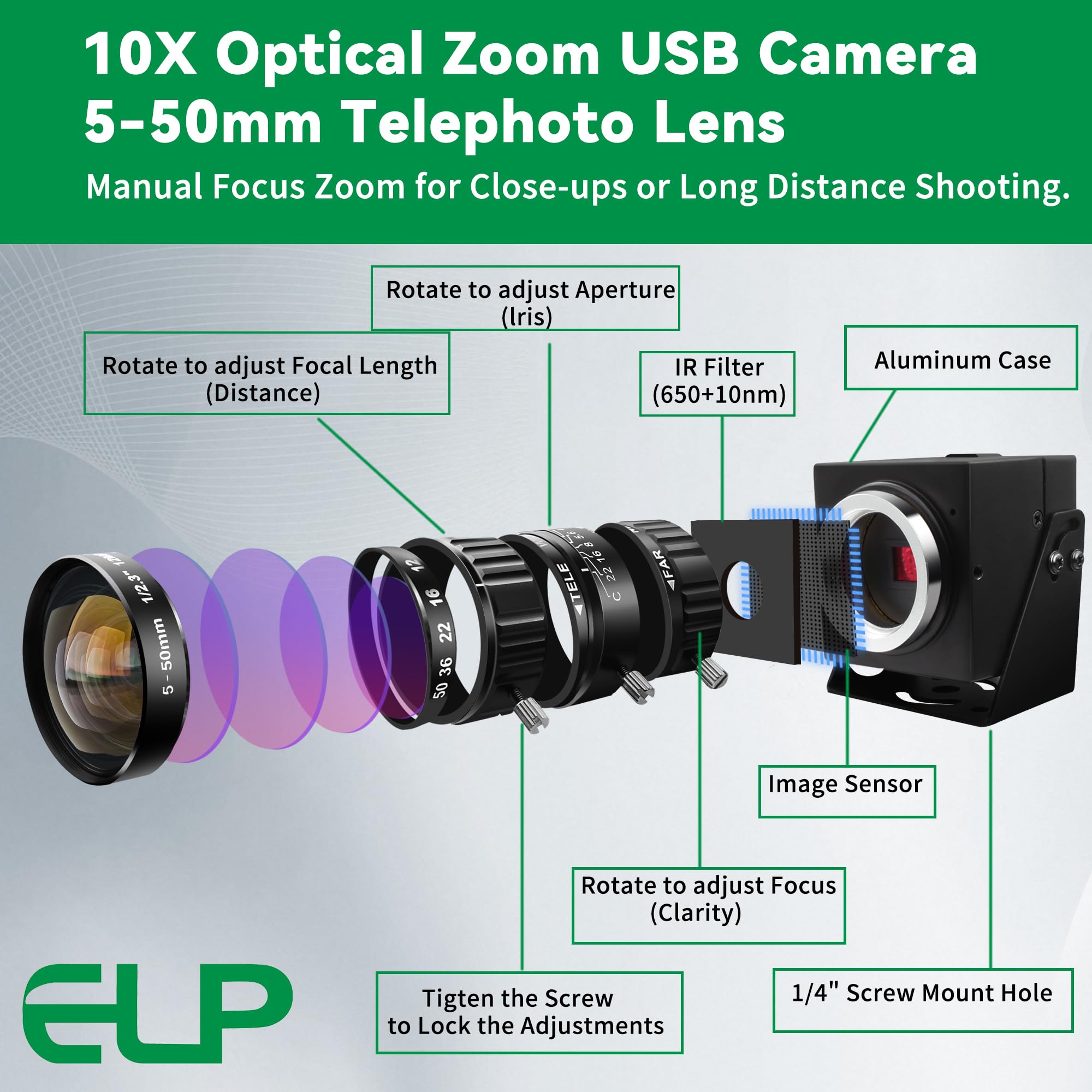 ELP 5-50mm 10X USB Zoom Camera 12mp Manual Zoom Webcam for Computer 1080P 120fps Variable Focus Lightburn Camera High Speed USB2.0 PC Cam Varifocal USB Security Webcamera for Video Conference