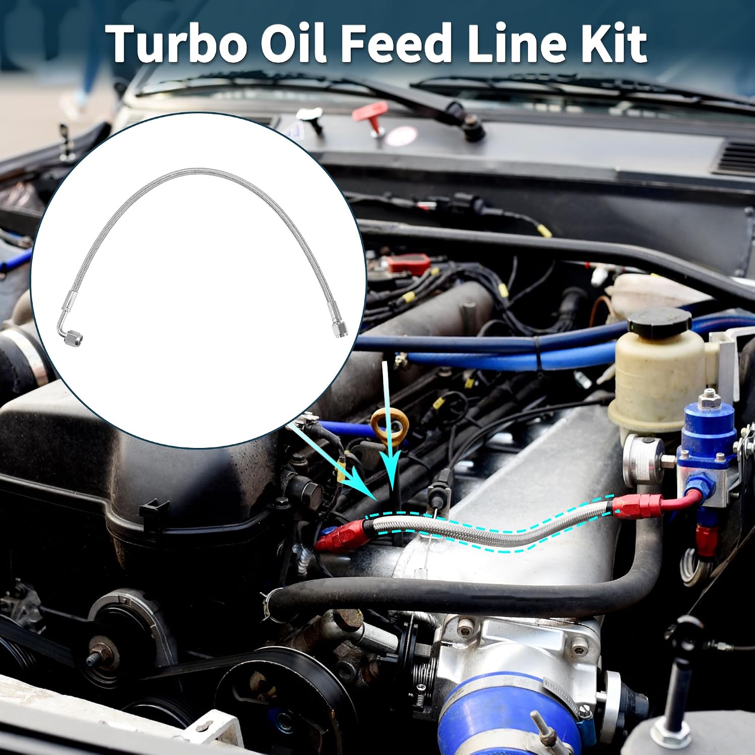 AN4 Turbo Oil Feed Line Kit 18" Pressure Remote Turbocharger Oil Drain Return Line with Adapter 1 Set