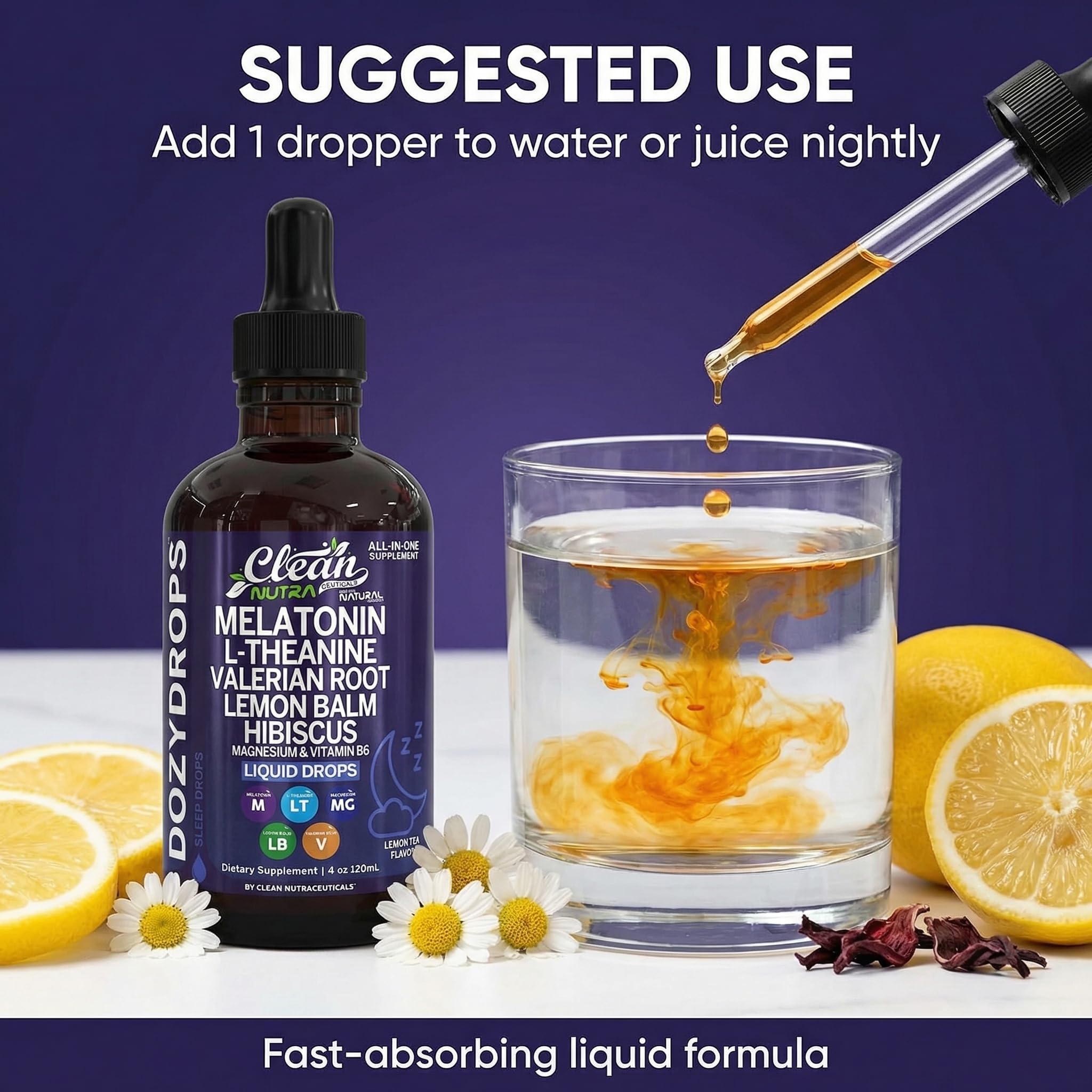 Clean Nutra Melatonin 10mg Drops Magnesium Vitamin B6 L-Theanine Valerian Hibiscus Lemon Balm Supplement Liquid Sugar-Free Vegan Natural Sleep Support Aid Lemon Tea Flavor 120mL Formula — Amazon image 6
