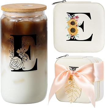 Travel Jewelry Cases Organizer,Travel Essentials,Travel Gifts for Women Girls,16oz glass cup with bamboo lid and straw,aesthetic glass cup,Cute Tumbler Cup,Teacher Gifts,Initial E white
