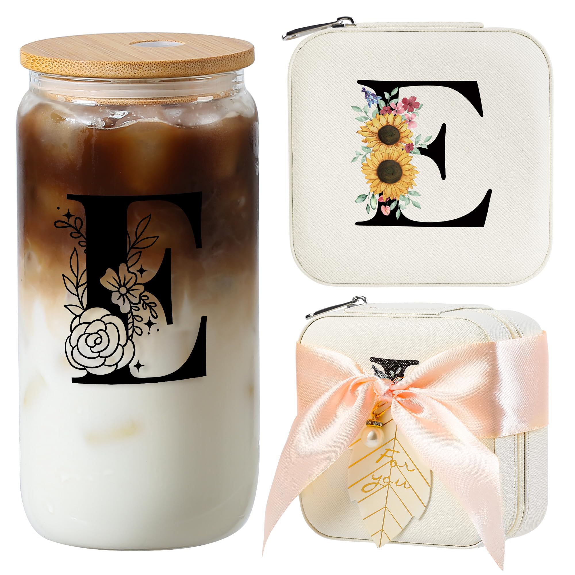 AYGXU Travel Jewelry Cases Organizer,Travel Essentials,Travel Gifts for Women Girls,16oz glass cup with bamboo lid and straw,aesthetic glass cup,Cute Tumbler Cup,Teacher Gifts,Initial E white