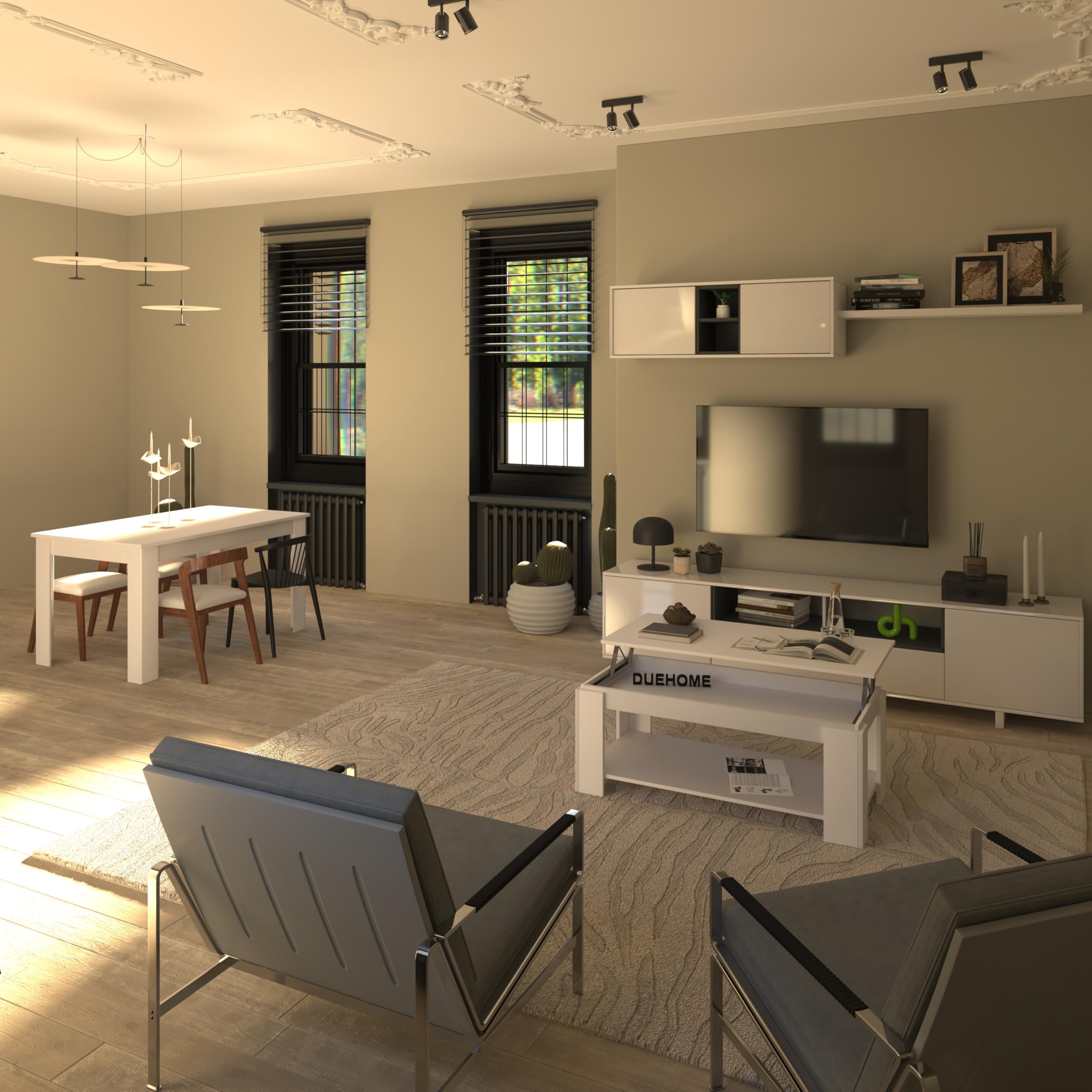 duehome | Mueble de Salon Moderno, Modulos Comedor, Modelo Kenzo, Acabado en Blanco Brillo y Gris Antracita, Medidas: 200 cm (Ancho) x 41 cm (Fondo) x 46 cm (Alto)