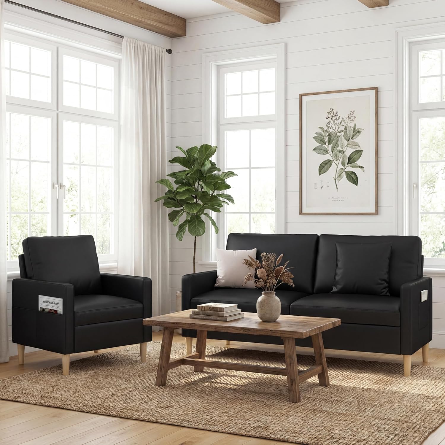 TYBOATLE 66" Black Faux Leather Sofa Couches w/USB, Living Room Mid-Century Modern Tufted Comfy Cloud Loveseat 2 Seater Office Small Couch Love Seat for Small Space Bedroom Drom Apartment