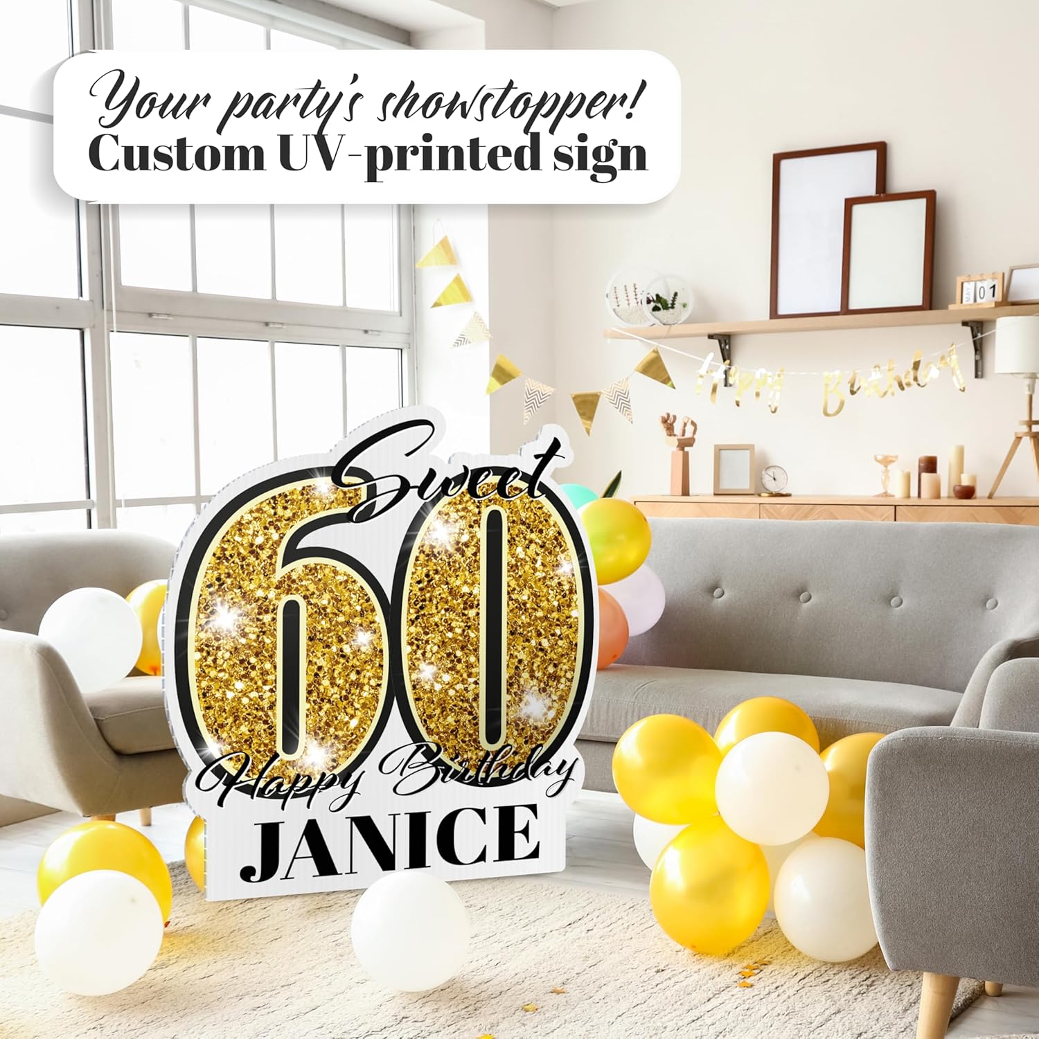 3ft. Custom Birthday Yard Sign with any Age, Name - 5 Glitter Colors, Sweet 16 Happy Birthday Yard Sign, 50th, 60th, 75th, 40th Birthday Outdoor Decor - UV Resistant and Weatherproof