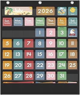 Yoink 49 Pockets Classroom Calendar Pocket Chart with 77 Cards, Daily Monthly Learning Calendar for Circle Time Weather Seasons, Preschool Kindergarten Homeschool Must Have, Teacher Supplies (Black)
