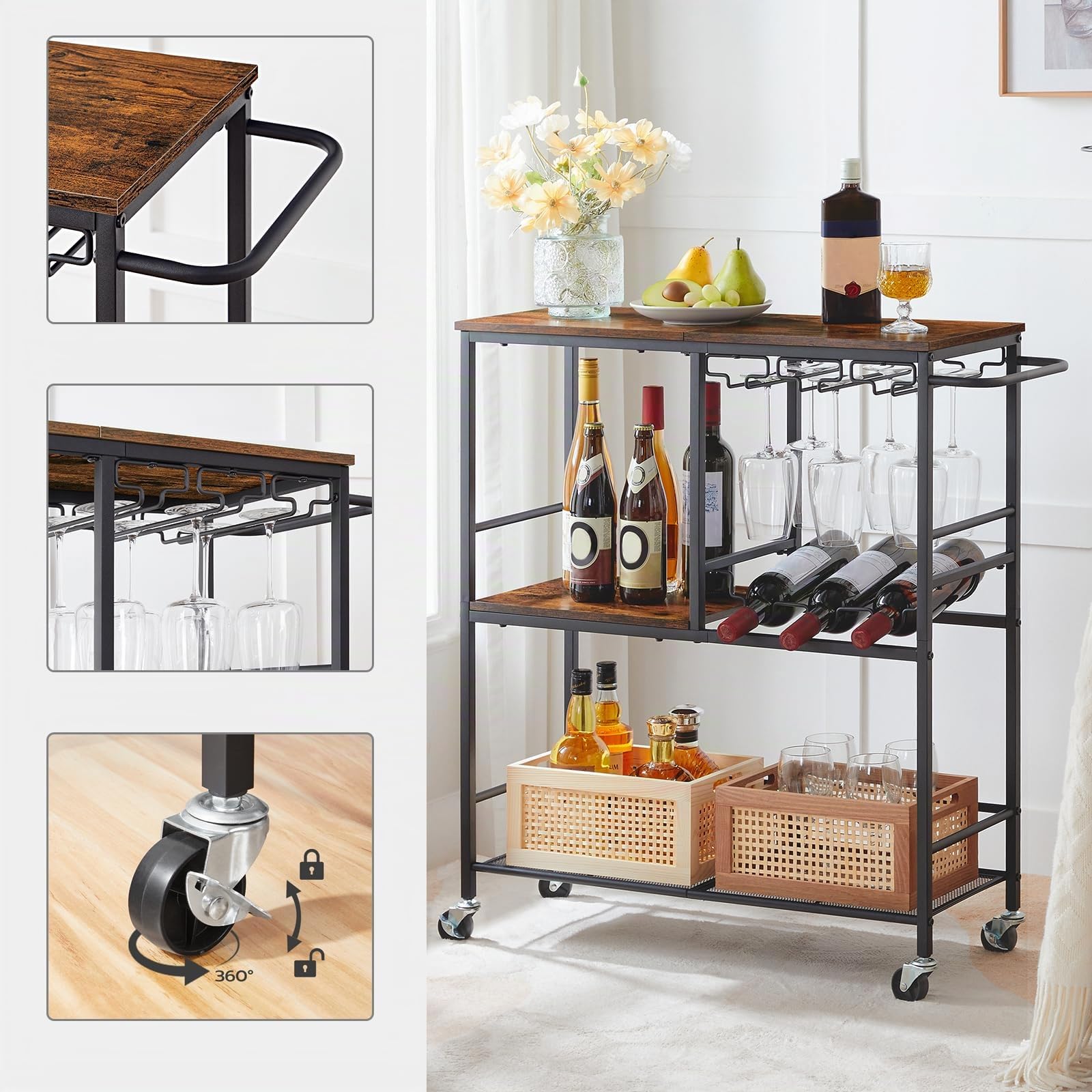 HOOBRO Chariot de Bar, Chariot de Cuisine avec Porte-Bouteilles et Porte-gobelets, Chariot de Service à 3 Niveaux, pour Salle à Manger, Salon, Bar, Marron Rustique et Noir EBF21TC01G1