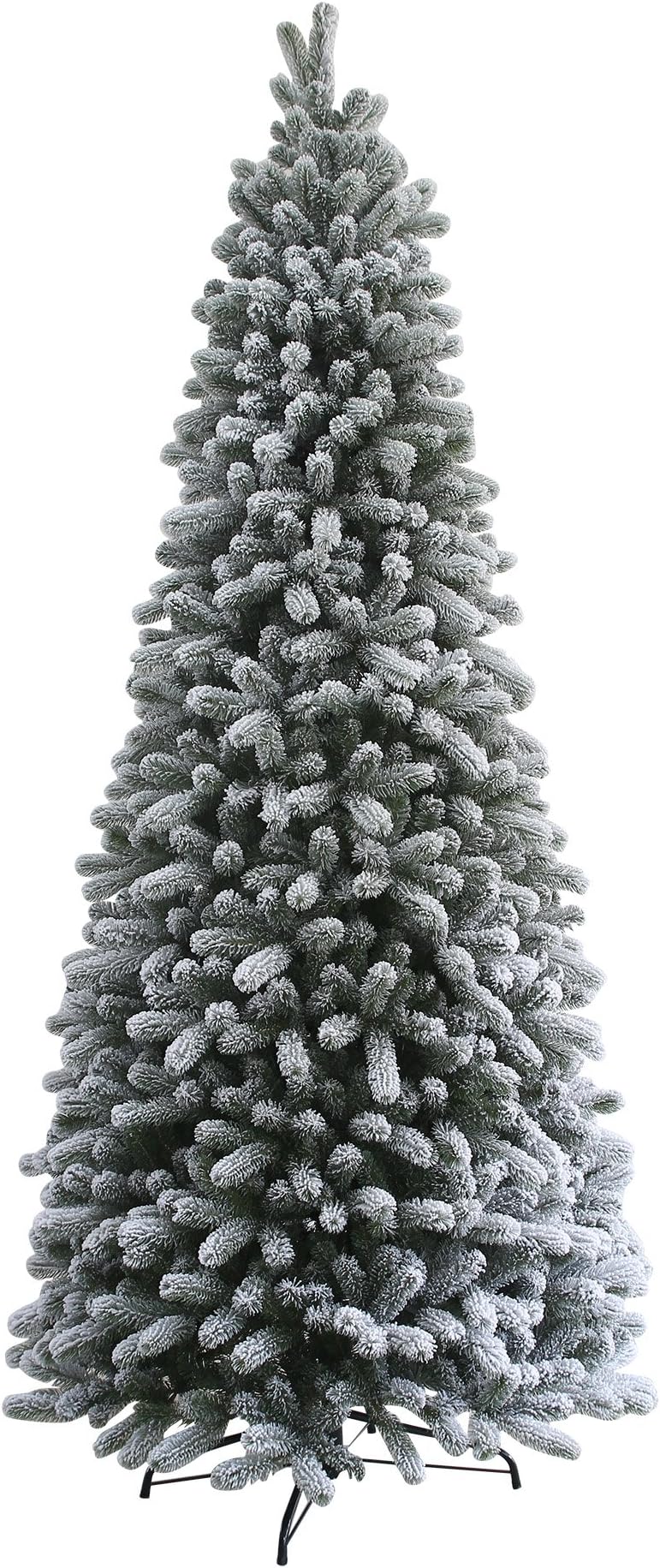 KING OF CHRISTMAS 7.5ft Snow Flocked Slim Artificial Christmas Tree Unlit, Skinny Flocked Christmas Tree with Metal Stand, King Flock Hinged Thin Xmas Tree for Holiday Home Office Christmas Décor