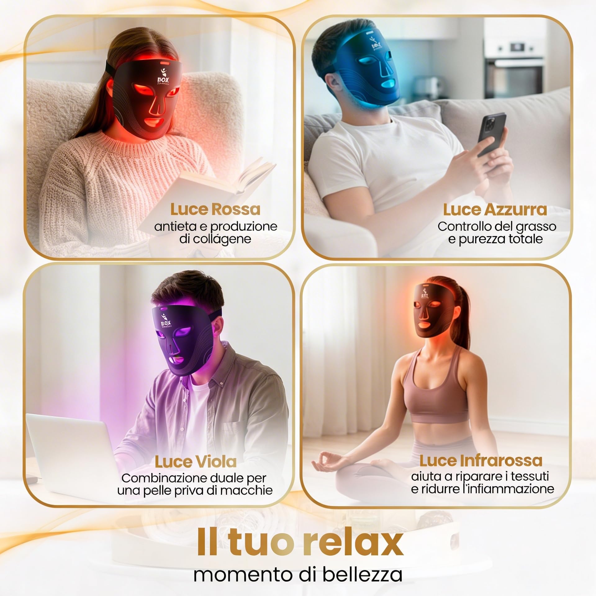 Maschera LED per il viso professionale, luce rossa e infrarossi per la cura della pelle - Trattamento anti-età con 4 modalità di luce LED per linee di espressione e fermezza