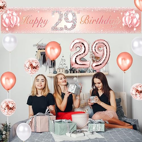 Miniatura 7 de Cartel de feliz cumpleaños número 29 con kit de globos de cumpleaños, decoración de fiesta de cumpleaños de 29 años, suministros para decoración de