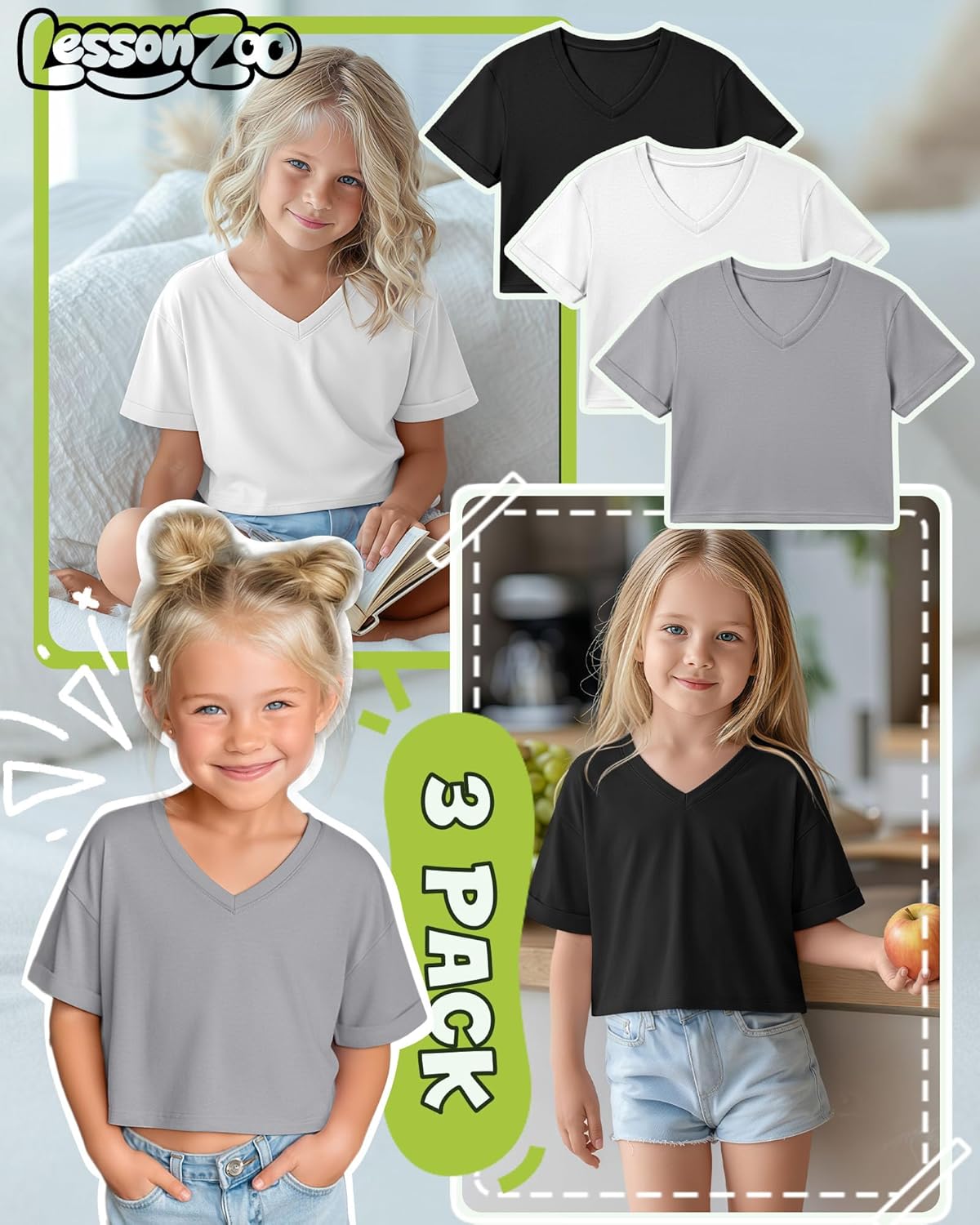 3 Pack Girls' Crop Tops Short Sleeve V Neck Athletic T-Shirts Loose Kids Drop Shoulder Rolled Cuff Basic Tees 5-14Y - Image 2