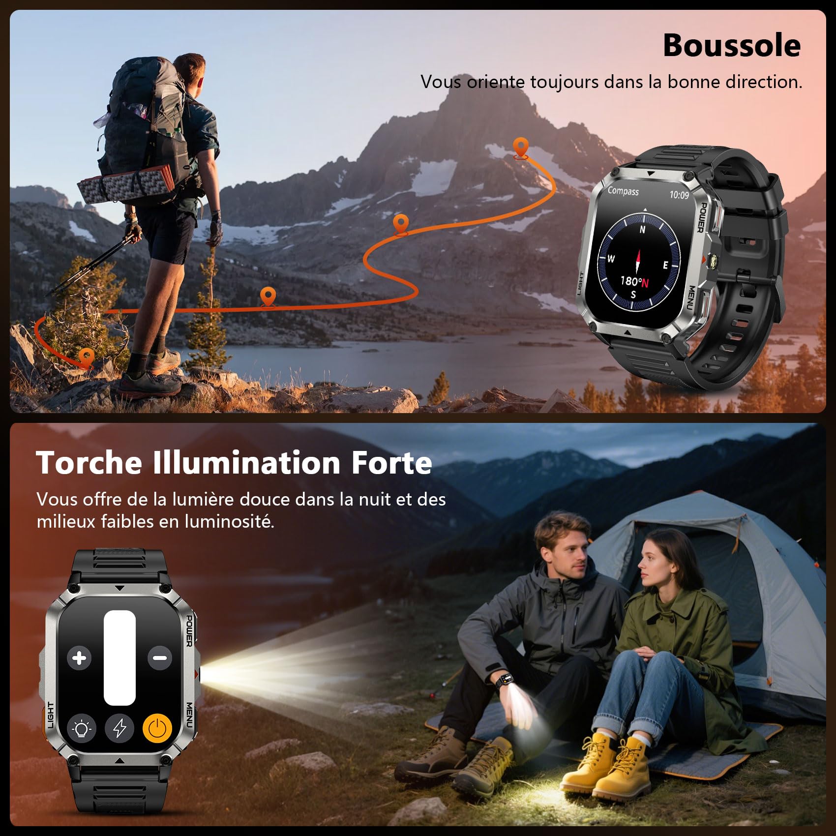 Blackview Montre Connectée Homme avec 100 j Autonomie, Montre Homme Boussole et Lampe Torche, Appels Bluetooth, Smartwatch Surveillance Fréquence Cardiaque et Sommeil, Compatible Android/iOS