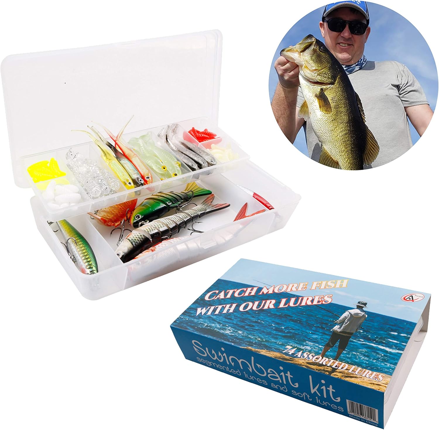 Ascent Fishing Kit Gift Boxed - 74pcs Combo Set Including Segmented Lures, Crankbaits, Plastic Worms, Topwater Lures, Tackle Box - Gift Idea for Father, Men, Women, Kids