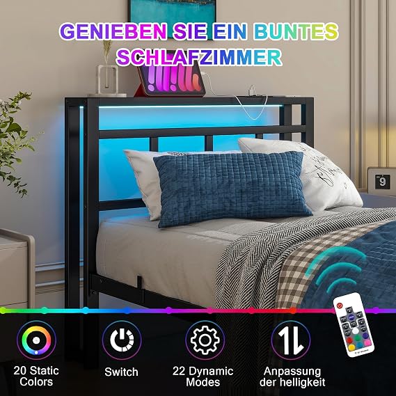 3ft Single Bed Frame with Storage Headboard & LED Lights,Black