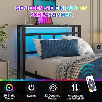 3ft Single Bed Frame with Storage Headboard & LED Lights,Black