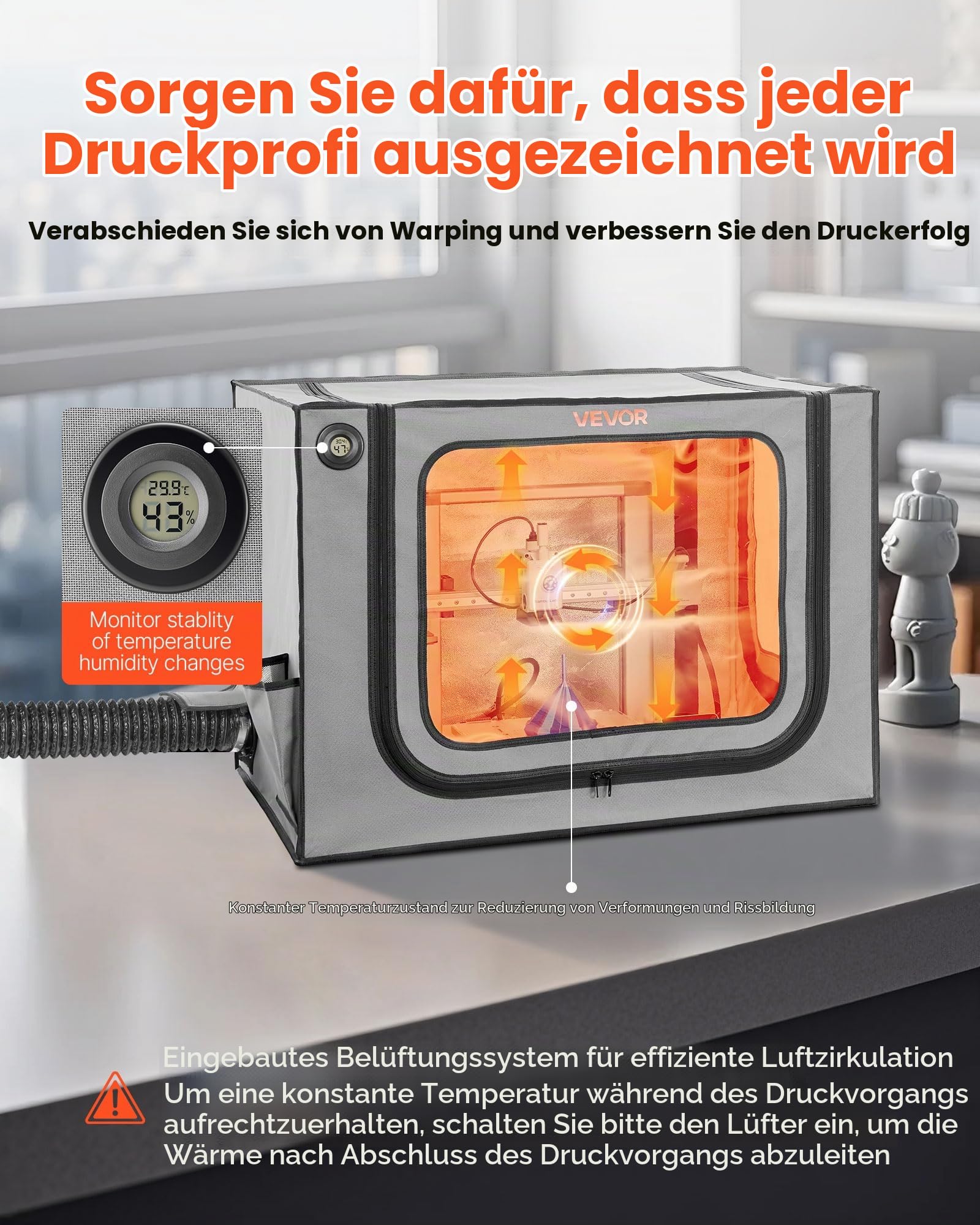 VEVOR 3D-Druckergehäuse Druckerzelt (80x58x58 cm), staubdichte & wasserfeste Schutzhülle mit konstanter Temperatur & LED-Beleuchtung & Belüftung, kompatibel mit Bambu Lab A1 Combo Grau