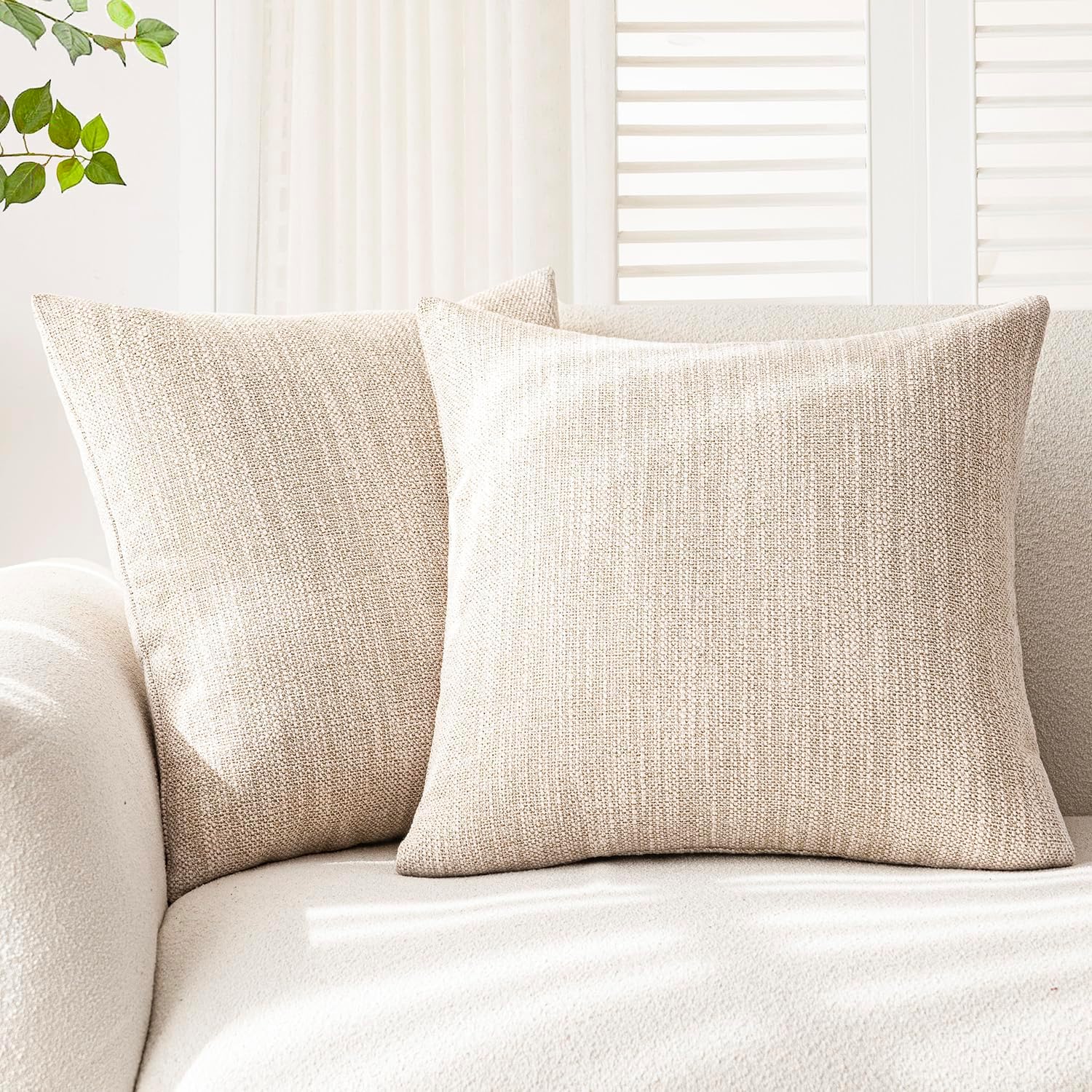 Foindtower Set of 2 Decorative Textured Burlap Linen Throw Pillow Covers Farmhouse Boho Cushion Cover Solid Accent Pillowcase for Couch Sofa Bed Living Room Home Decor, 24×24 Inch,Light Beige