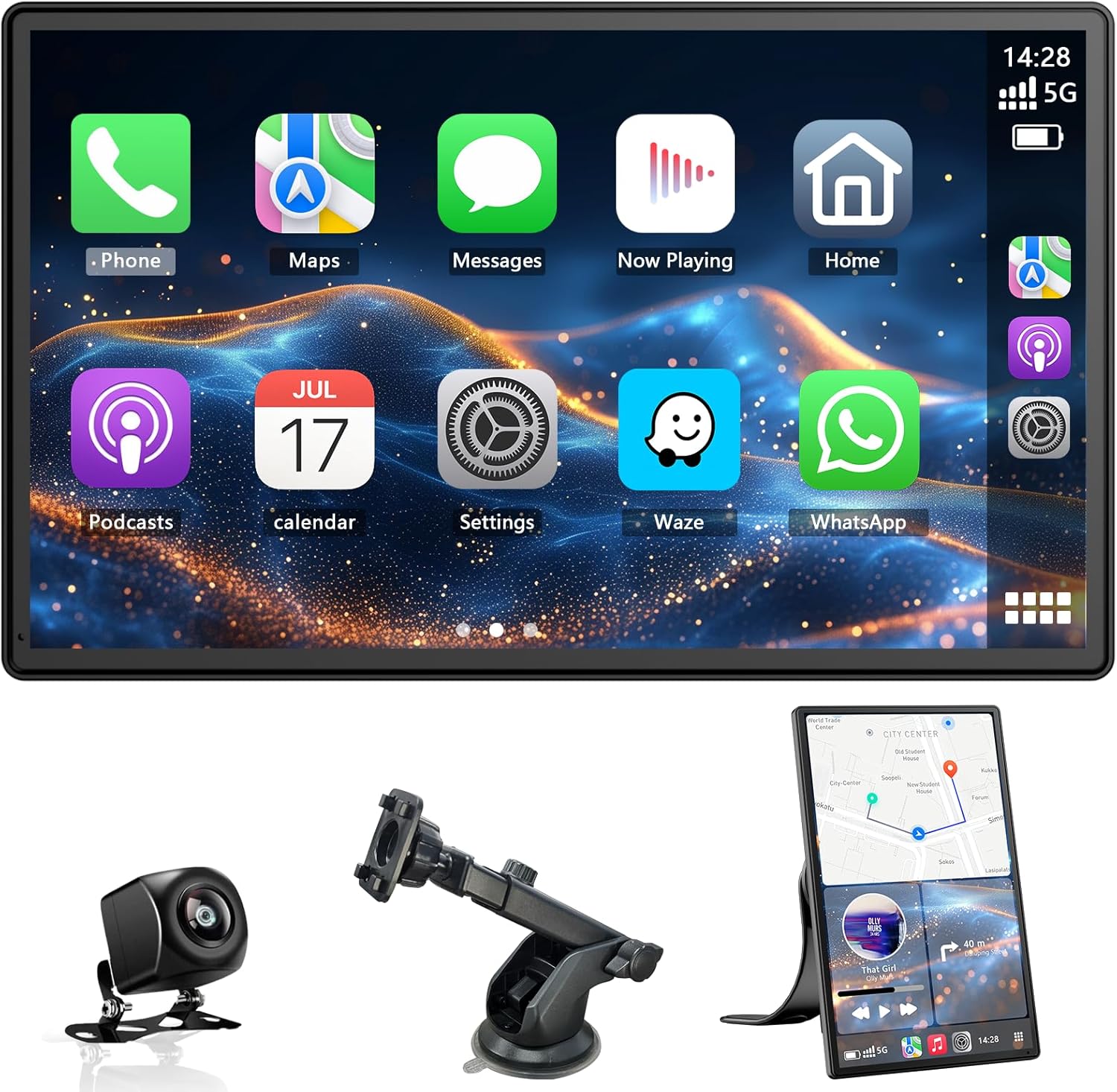 Car Screen, 9″ Screen Carplay Car with Carplay and Android Auto Wireless, Rotating Screen with 1080P Backup Camera, GPS Navigation, Bluetooth, Siri/G00gle Voice Assistant, FM, AUX