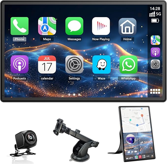 Carplay Auto, Android Auto Wireless Autoradio, 9" Ruotabile Schermo per Auto con 1080P Retrocamera, Navigazione GPS, Controllo Vocale, Mirror Link, FM, AUX - Facile da Installare e Rimuovere