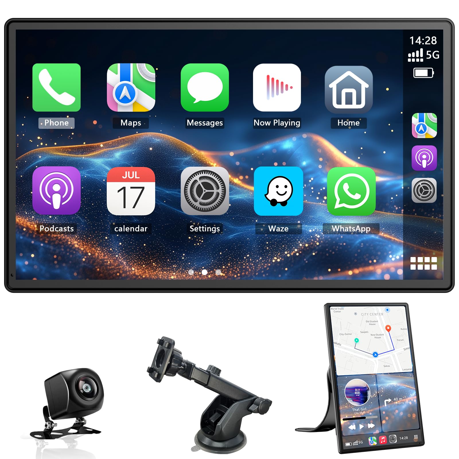 Pantalla Coche, 9" Pantalla Carplay Coche con Carplay y Android Auto Inalámbrica, Pantalla Giratoria con cámara de Respaldo 1080P, Navegación GPS, Bluetooth, Siri/G00gle Asistente de Voz, FM, AUX