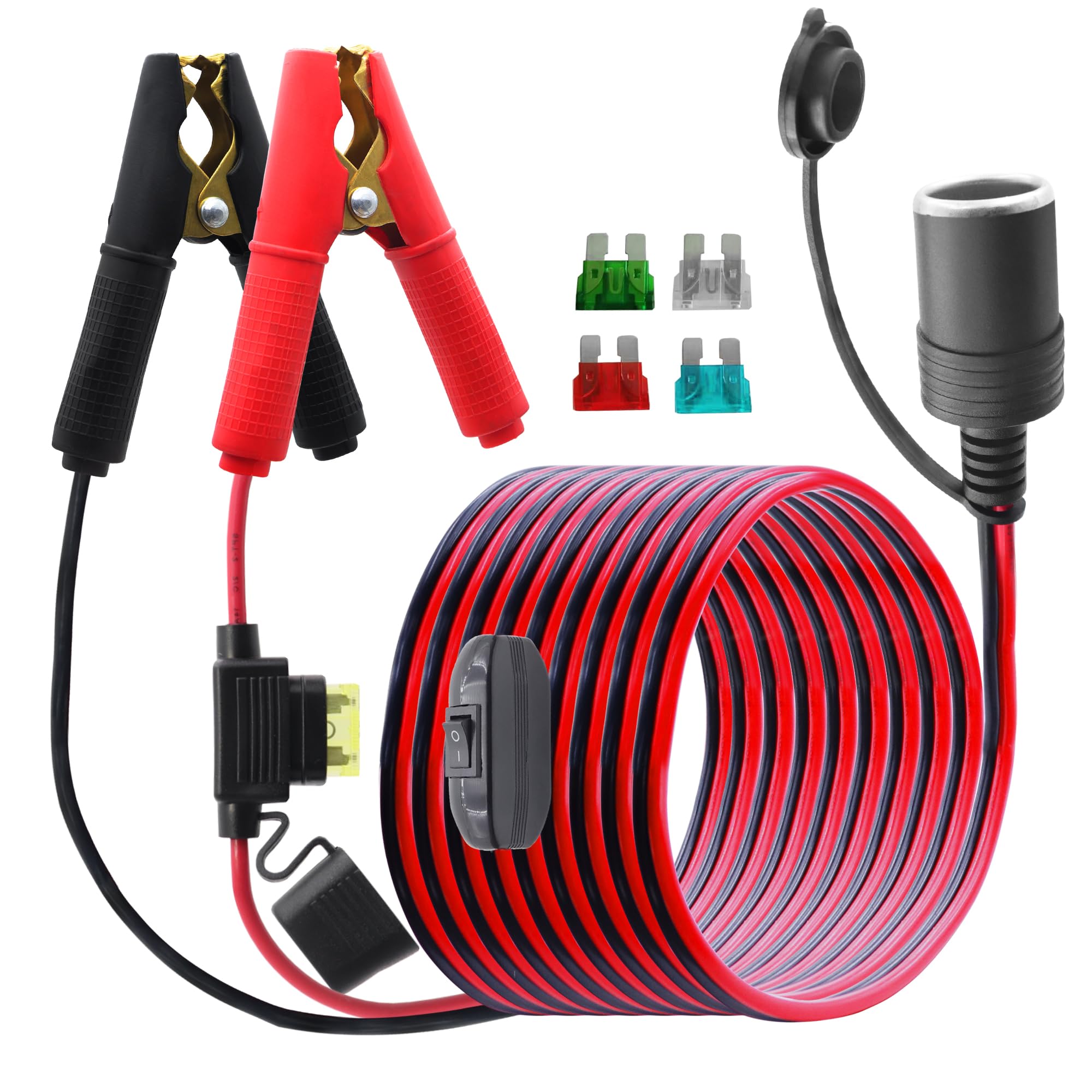 Cavo con clip a coccodrillo per accendisigari femmina con interruttore, 14 AWG, 12 V-24 V, cavo di avviamento con clip a coccodrillo con fusibile da 20 A, per auto, tosaerba, inverter (3 m