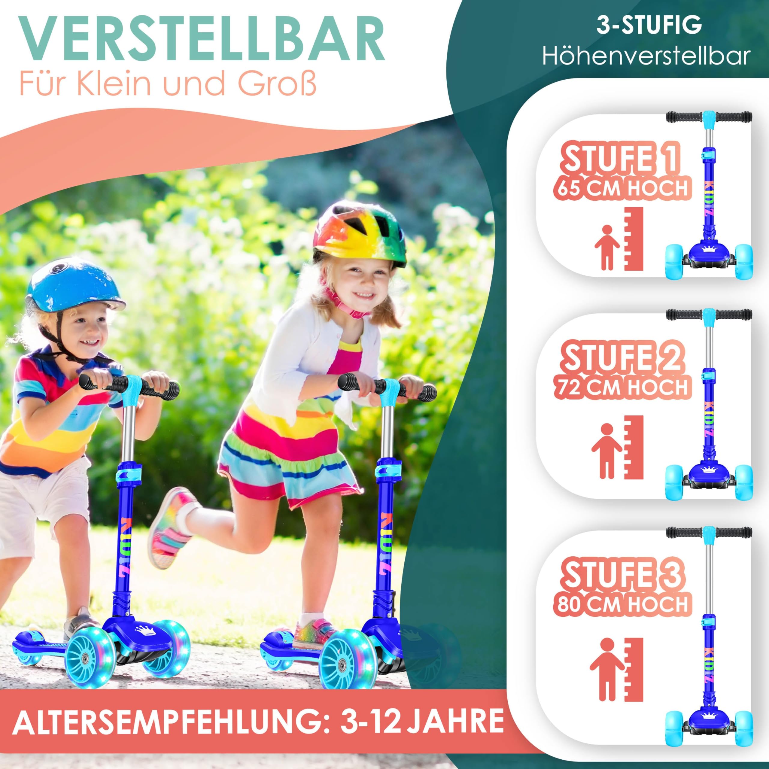 KIDIZ® X-Pro2 kinderstep, driewieler met PU-led-lichtgevende wielen, kinderstep, opvouwbaar, in hoogte verstelbaar, voor jongens en meisjes van 3-12 jaar, roze