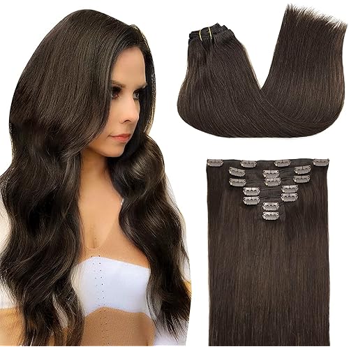 DOORES Clip in Human Hair Extensions New Dark Brown 24 Inch 120g 7pcs Hair Extensions Clip in Real Hair Extensions Natural Straight Extensions