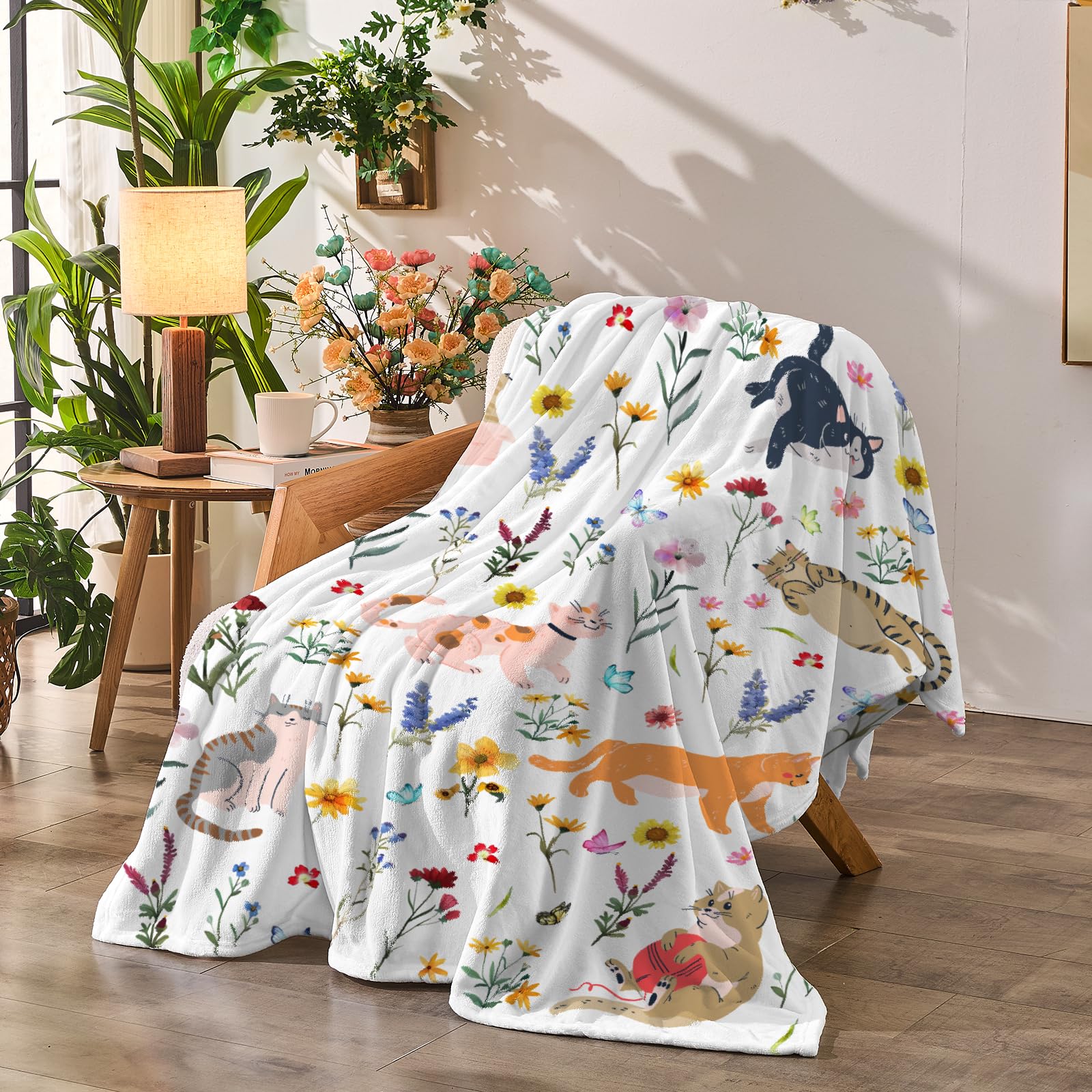 Jameswish Cat Floral Throw Blanket