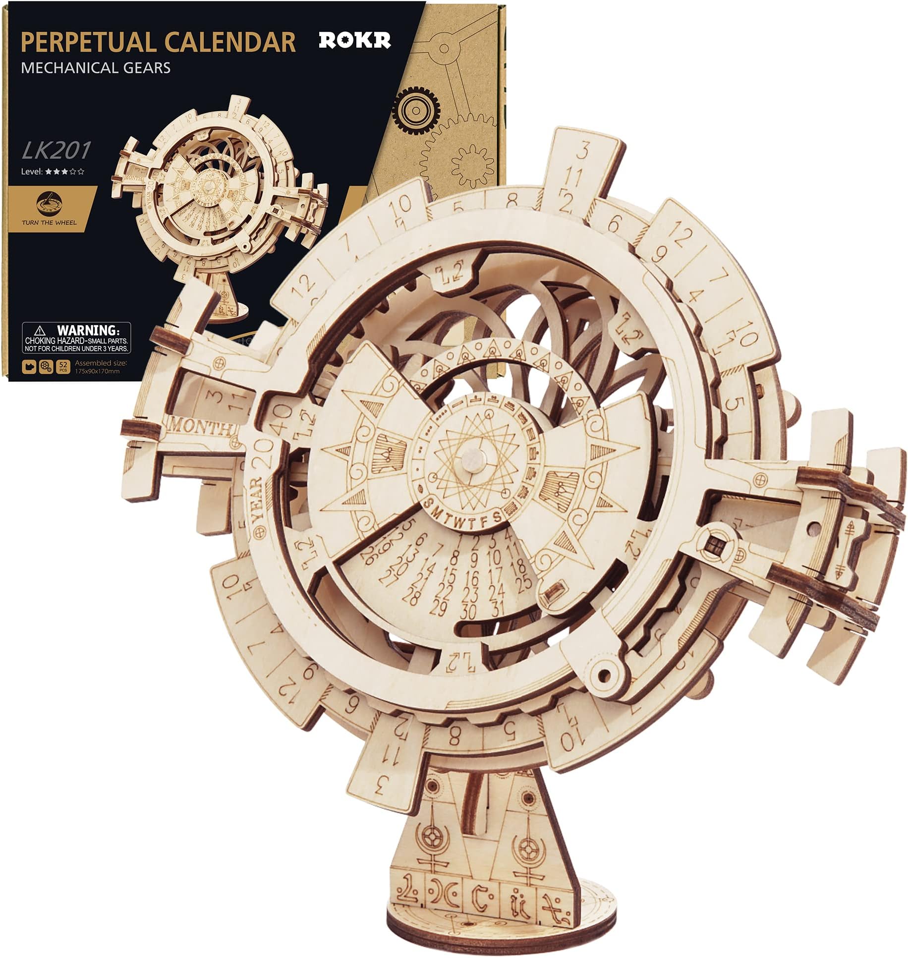 OKJ 3D Wooden Perpetual Calendar Puzzle,Mechanical Gears Toy Building Set,Brain Teaser Games,Engineering Toys,Family Wooden Craft KIT Supplies-Great Birthday for Husband Wife Adult