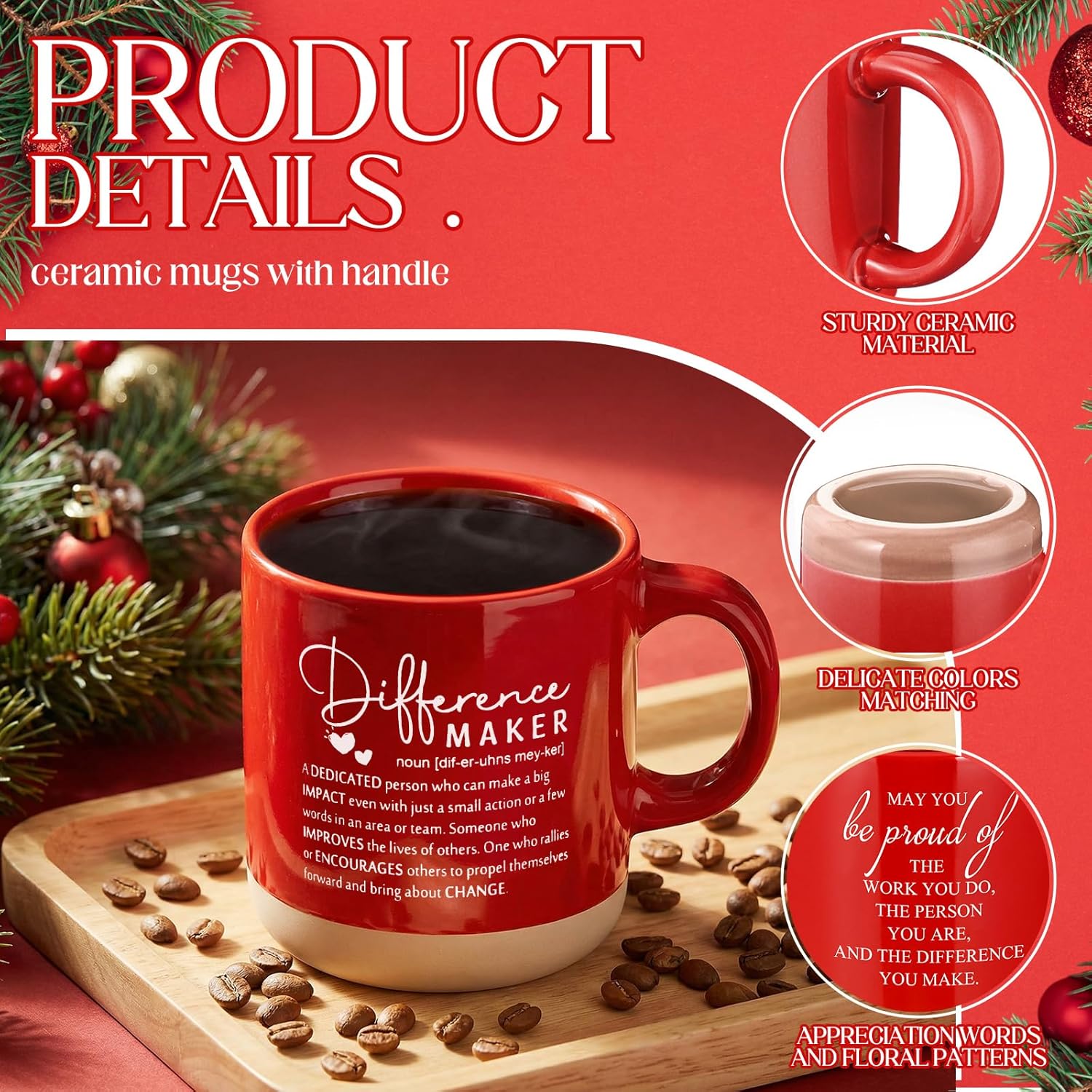 4 Pcs Employee Appreciation Gifts Bulk 12oz Inspirational Ceramic Coffee Mug Thank You Mug Gifts for Social Worker Coworker Staff Office Teacher(Red and White,Difference Maker) - Image 3