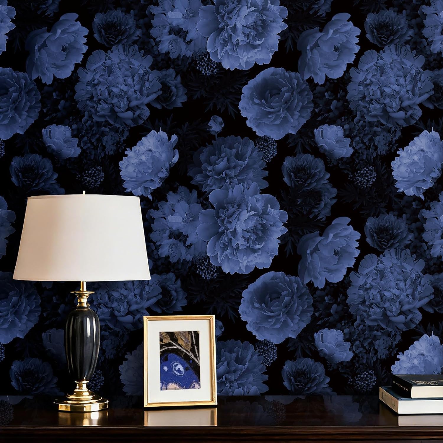 Dark Moody Floral Peel and Stick Wallpaper Blue Dramatic Peony Wallpaper Floral Botanical Dark Flower Wall Paper Removable Self Adhesive Accent Wall Covering for Bedroom Living Room 17.5"x80"