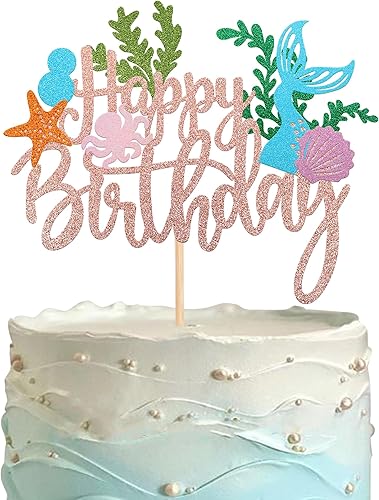 1 pieza de decoración de pastel de sirena con purpurina bajo el mar, cola de sirena para pasteles, algas, concha, pulpo, estrella de mar, decoración