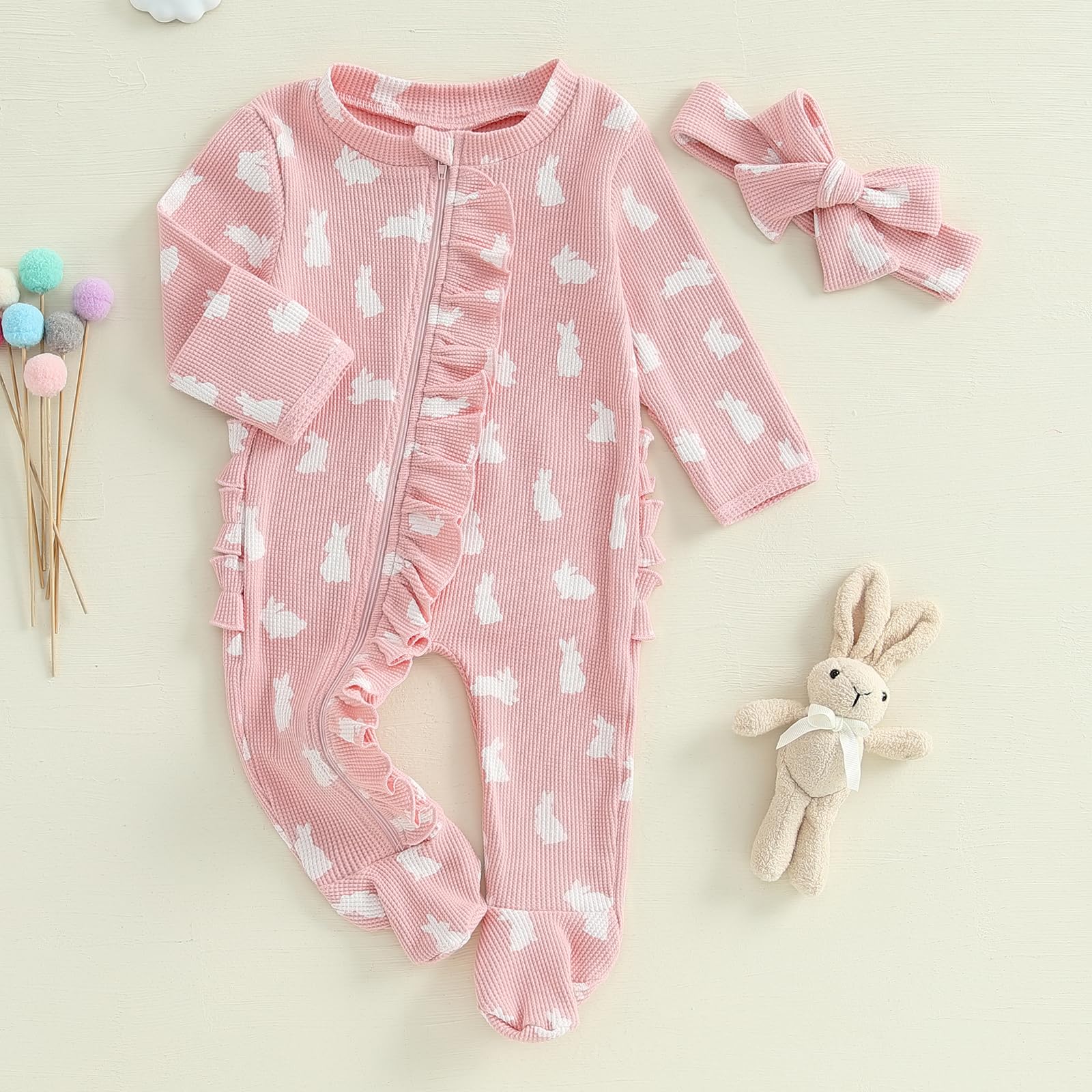 KtwHarnu Newborn Baby Boy Girl Easter Outfit Bunny Zipper Footie Long Sleeve Zip Up Romper Footed Jumpsuit Spring Clothes (B-Pink, Newborn)
