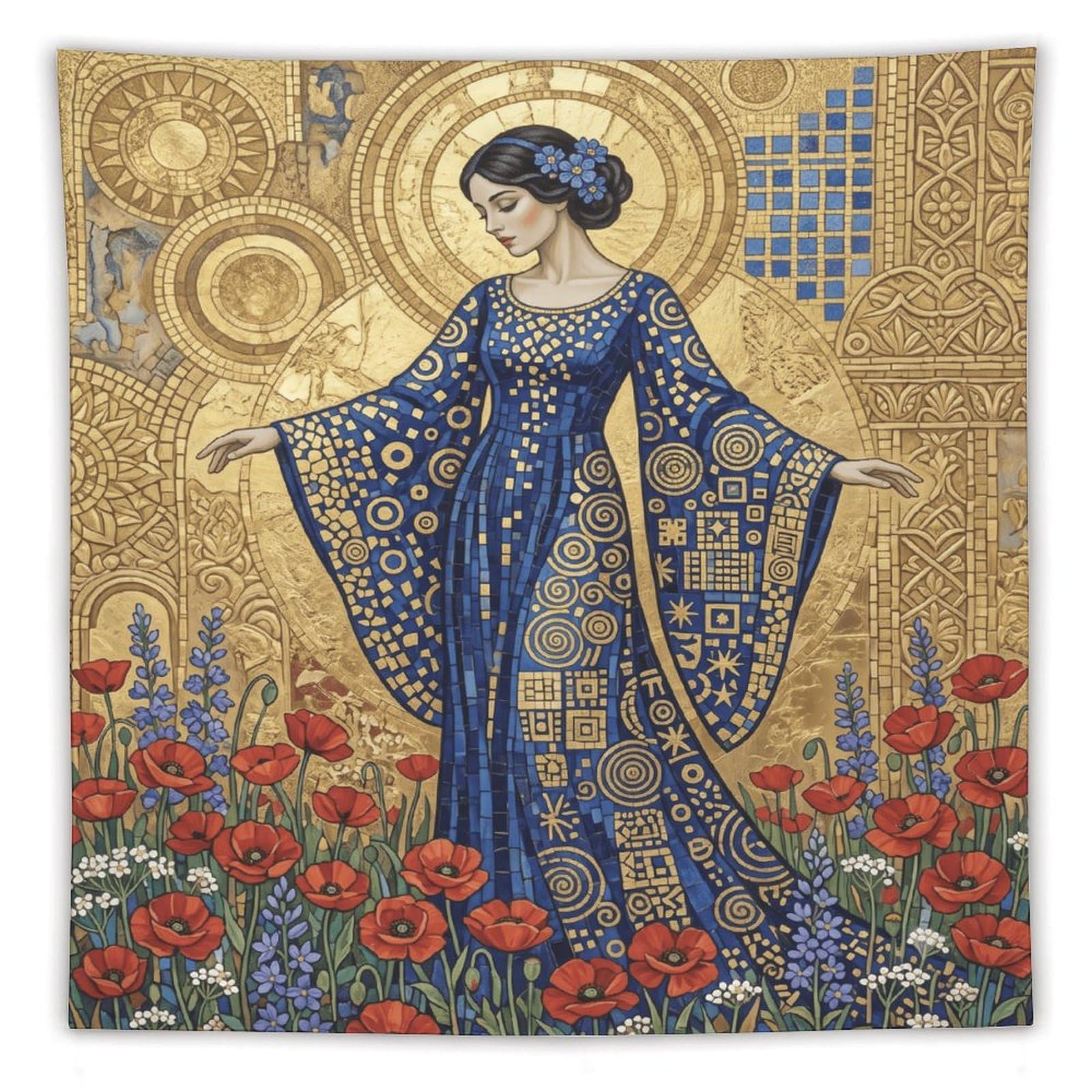 W7C8U2X3 Poppy Golden Mosaic Woman Wall Tapestry, Mosaic, Blue Robe
