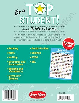 Evan-Moor Top Student Grade 3 Full-color Workbook, Reward Stickers, STEM, Reading, Writing, Science, SEL, Social Studies, Audio Support
