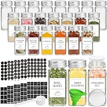 120ml Square Glass Spice Jars with Silver Airtight Lids, 24 Pack   Pre-Printed Labels, Silicone Funnel & Spoon for Kitchen Storage, Herbs & Spices