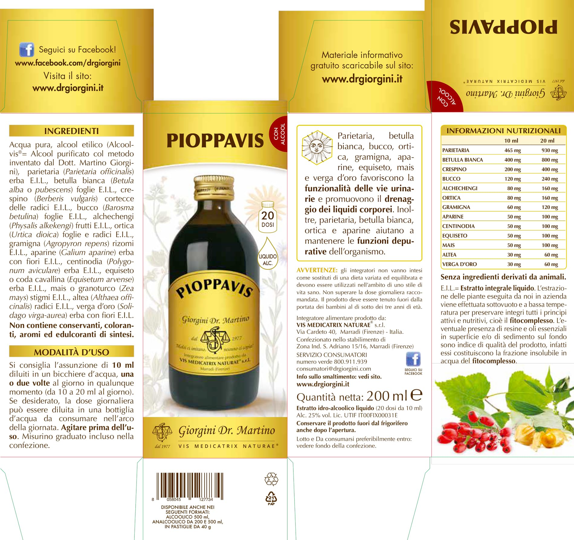 PIOPPAVIS Liquido alcoolico - 200 ml (integratore di betulla bianca, bucco, ortica, gramigna e altre erbe per il drenaggio dei liquidi corporei)