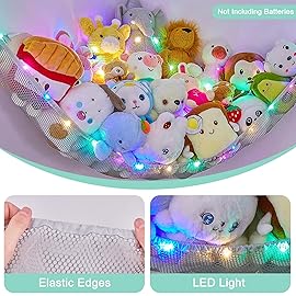 Unicorn Castle Stuffed Animals Net or Hammock Kids Toy Storage Organizer with LED Light Hanging Corner Stuffed Animals Holder Kids Girls Room Decor,Grey,Large (Pack of 1)