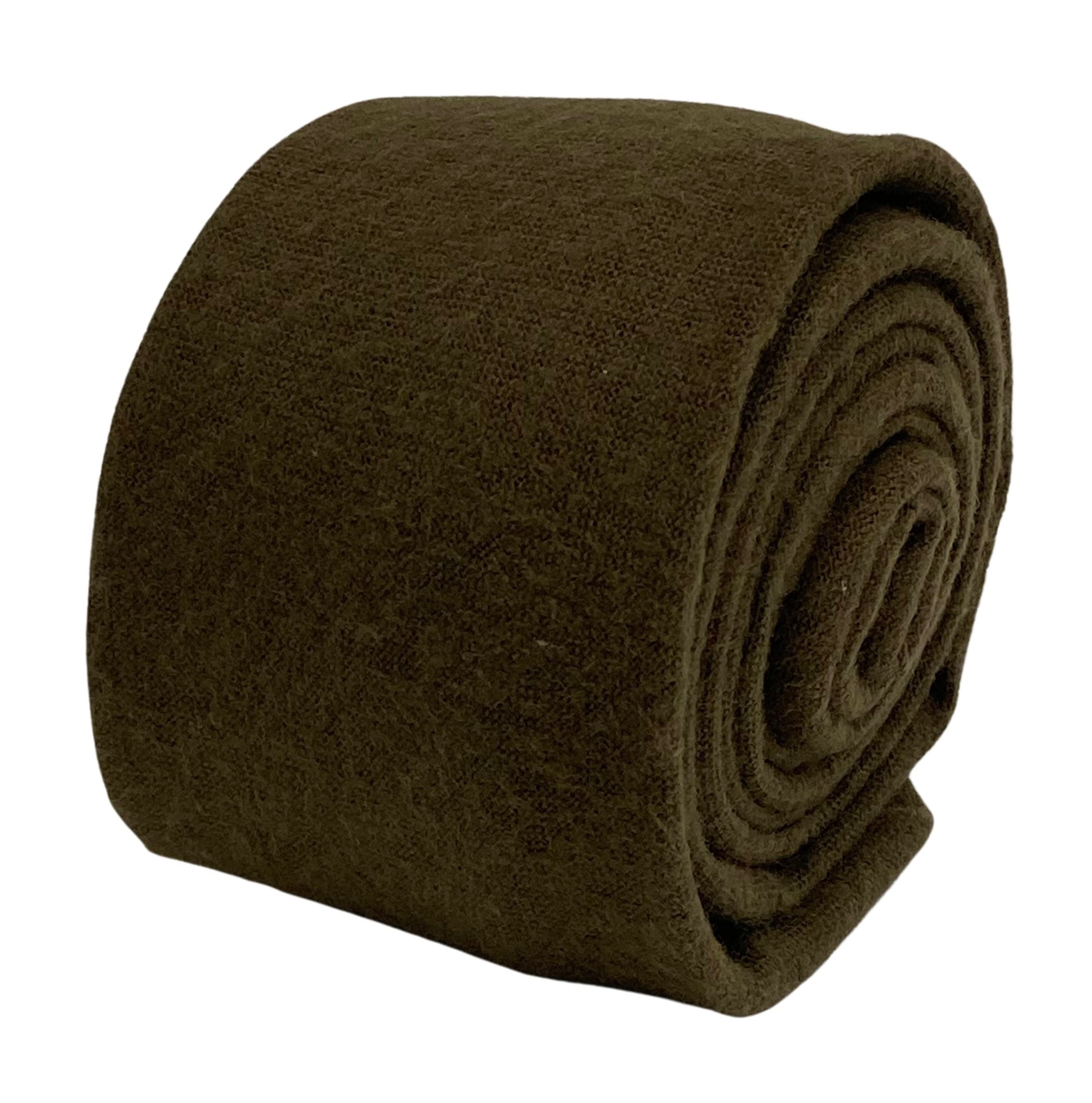 Frederick Thomas Designer Wool Mens Tie - Khaki Army Olive Green - Plain Skinny