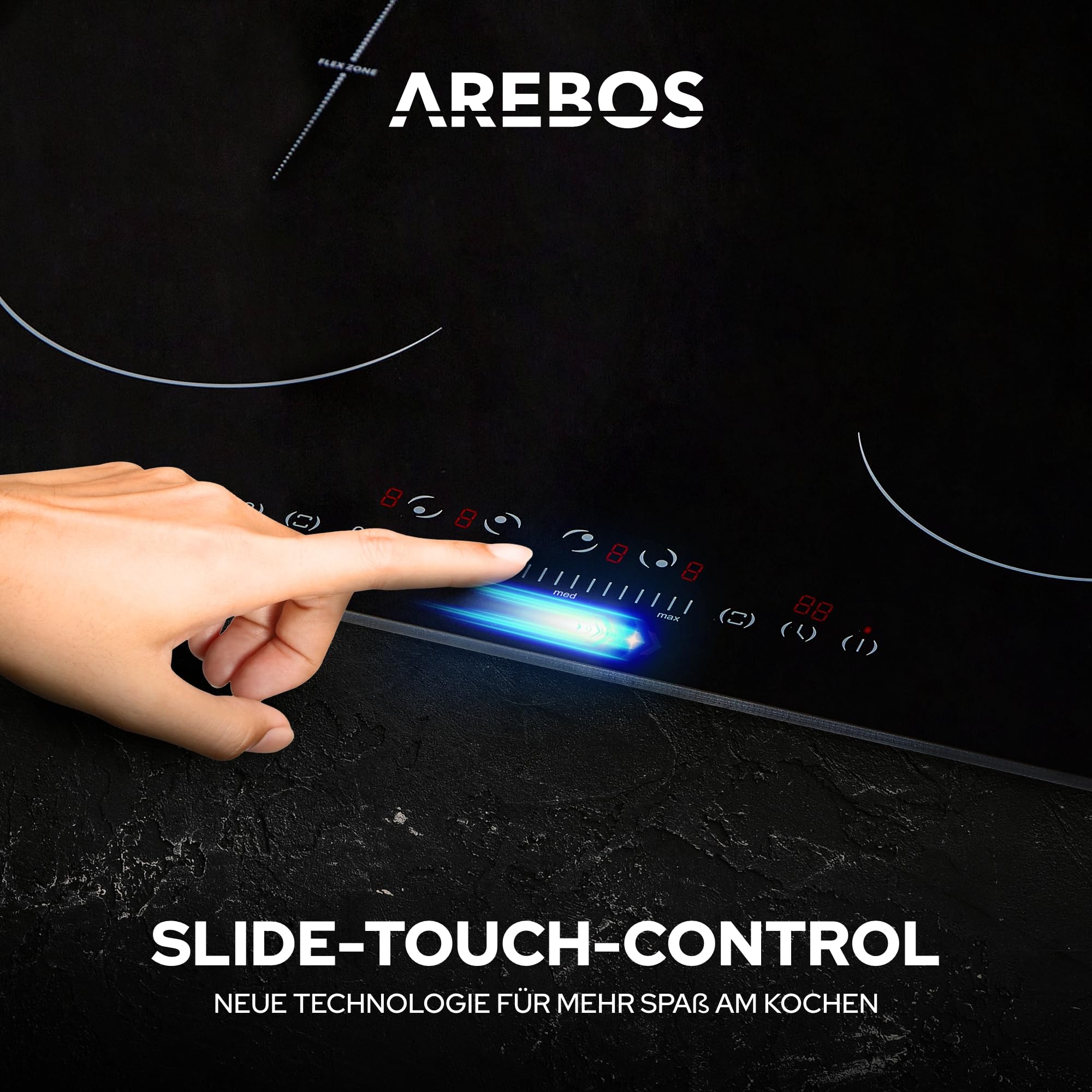 Arebos Induktionskochfeld autark 59x52 cm | 4 Kochzonen 7200 W Booster-Funktion | 2 Flexzonen Sensor-Touch | Timer Kindersicherung Überhitzungsschutz Autoabschaltung Schnellaufheizung