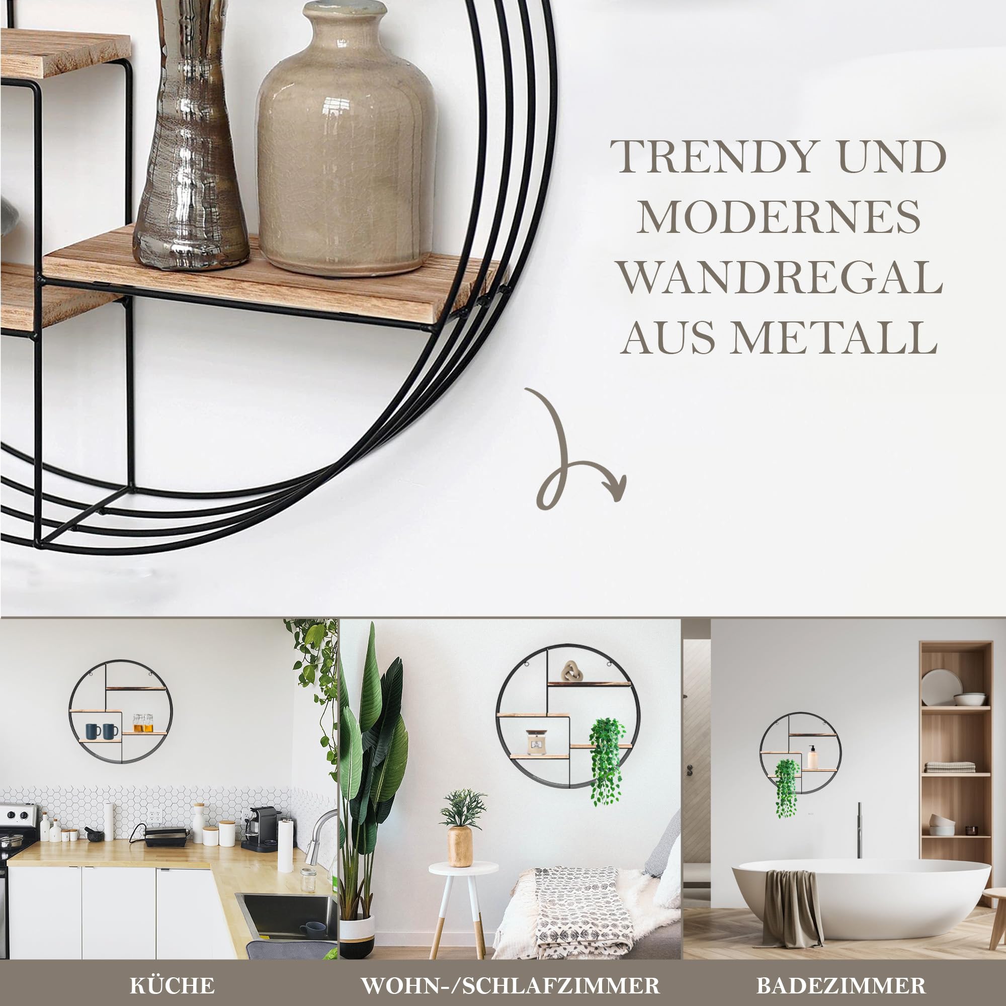 Vivol Wandregal Rund Schwarz Metall 50 x 11 cm, rundes Metallregal mit 4 Holzböden, dekoratives Wandregal aus Metall für Wohnzimmer, Küche, Flur, Schlafzimmer, Büro & moderne Wanddeko im Zuhause schön