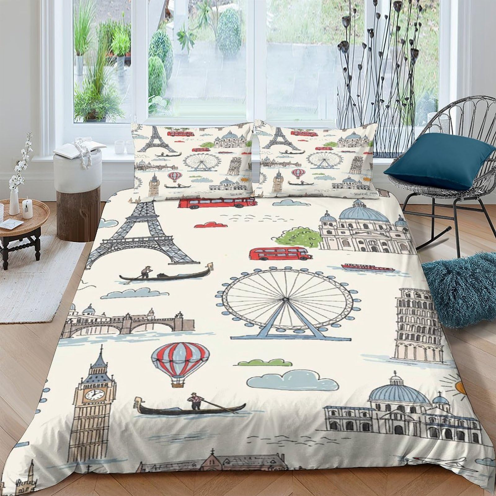 Ctjqhvkz Style-1 3D Printed European Landmark Fitted Sheet Microfiber Soft Breathable Travel Cityscape Mattress Cover Bedroom Decor Single（135X200cm）