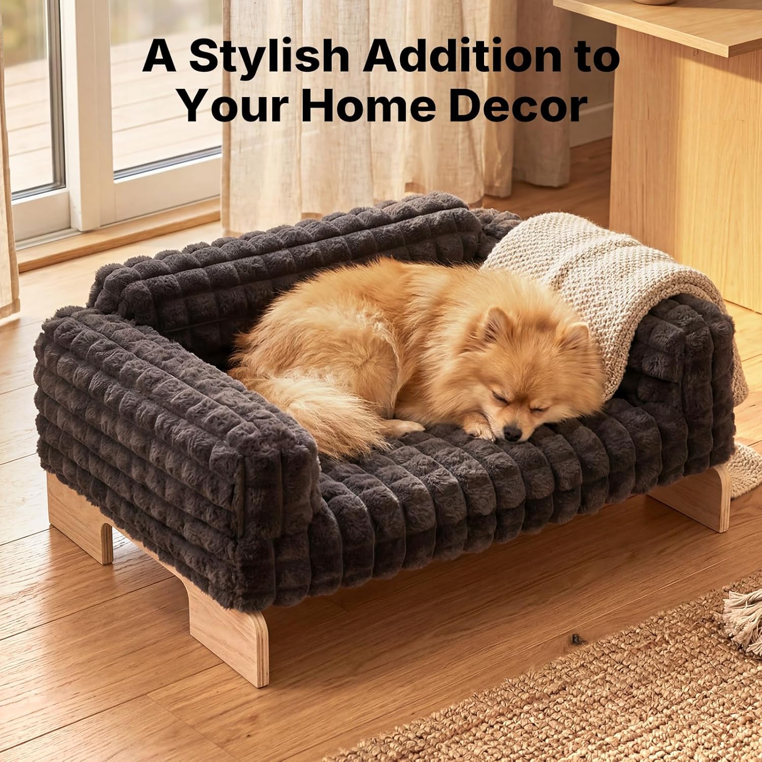Veehoo Elevated Cat Bed Indoor, Wood Furniture Style Cat Couch Sofa with Removable Washable Cover, Cute & Fluffy Large Cats Bed Furniture for Home