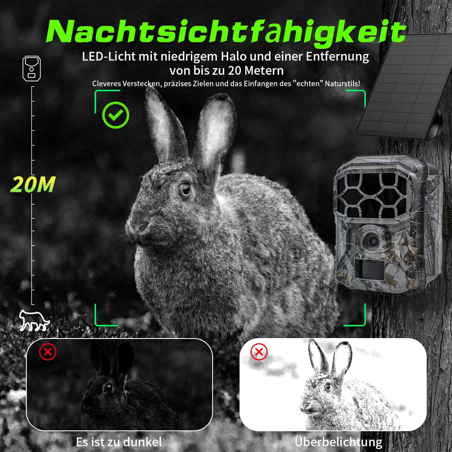 Wildkamera Solar WLAN mit Handyübertragung App 7800mAh Akku - 4K 60MP Wildtierkamera Bluetooth mit Bewegungsmelder Nachtsicht, 32GB SD-Karte, Nachtsichtkamera 0,1s Auslösezeit, IP66 Wasserdicht