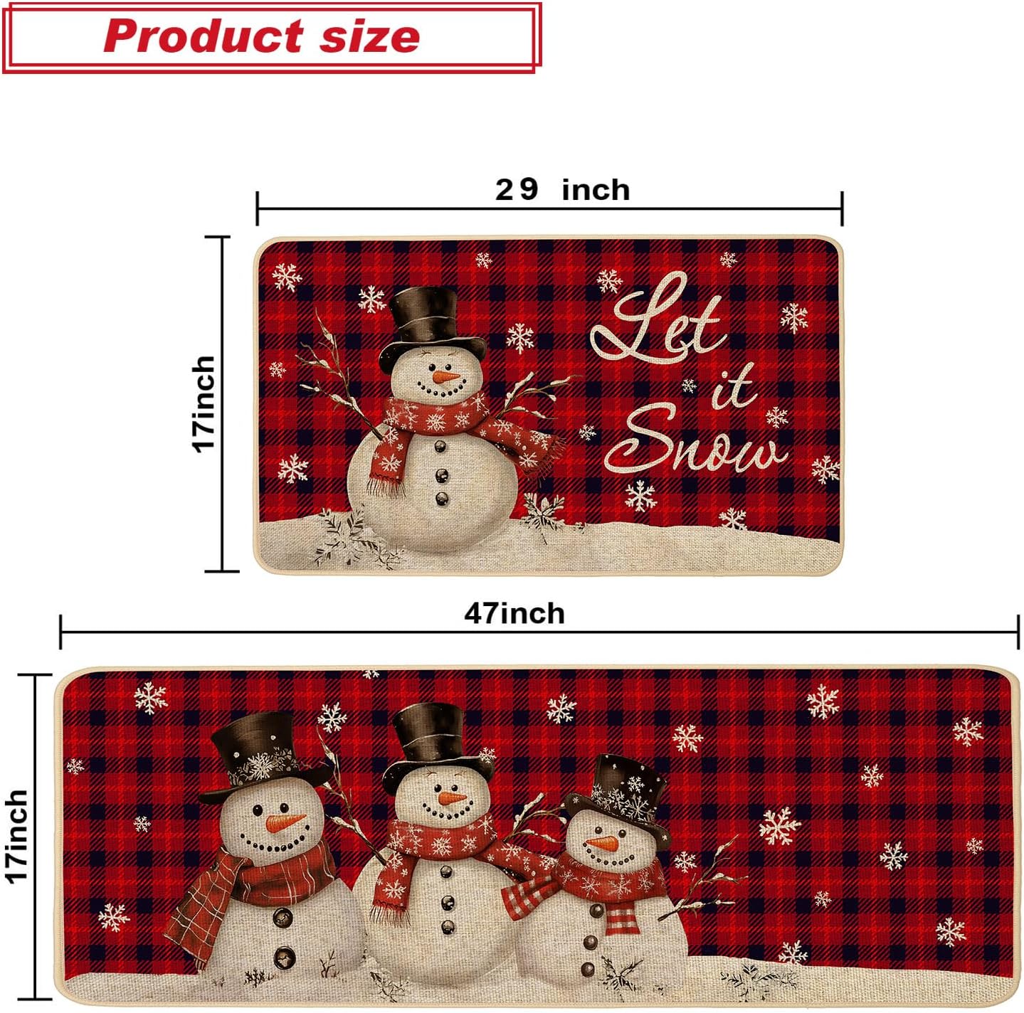 Baccessor Christmas Kitchen Rugs Set of 2, Buffalo Plaid Snowman Snowflake Kitchen Mats for Floor Hallway Laundry Sink Low-Profile Winter Holiday Home Decor 17x29 and 17x47 Inch